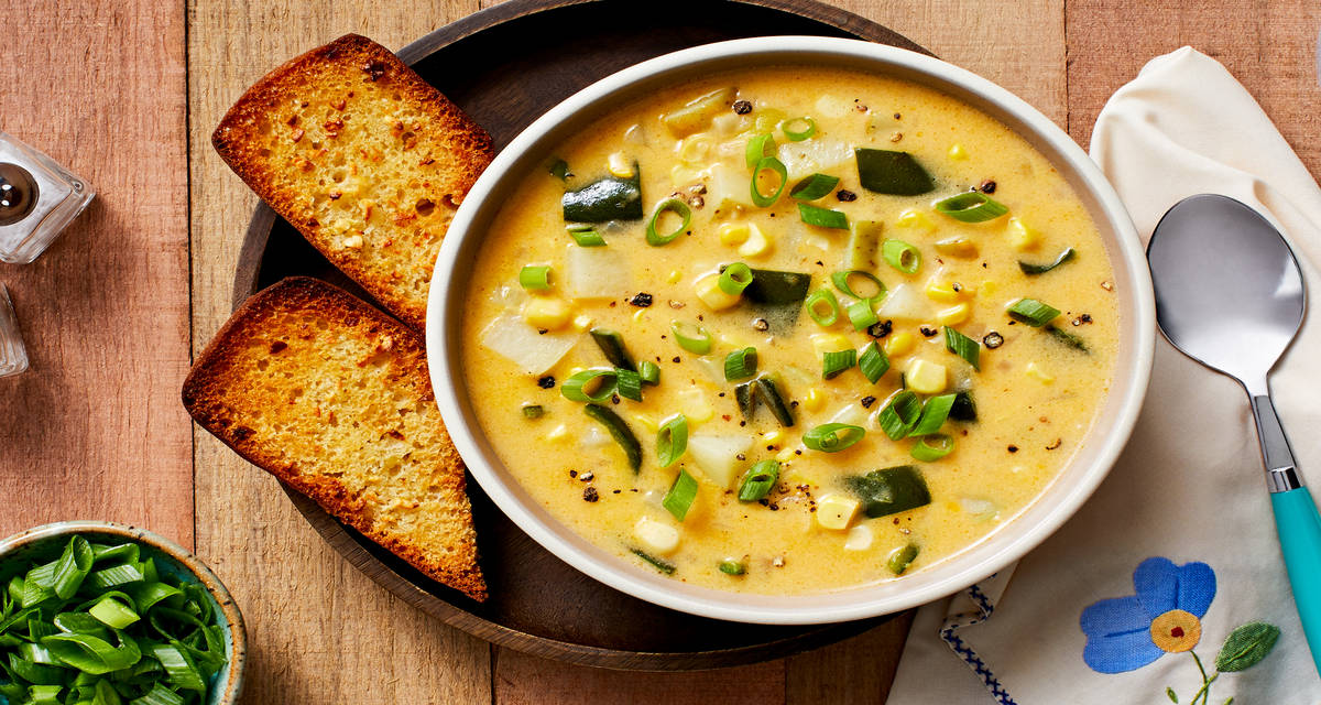Creamy Corn and Potato Chowder with Poblano Pepper and Cheddar Toasts
