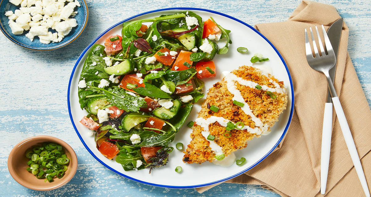 Walnut Coated Chicken with Salad, Creamy Greek Dressing & Feta