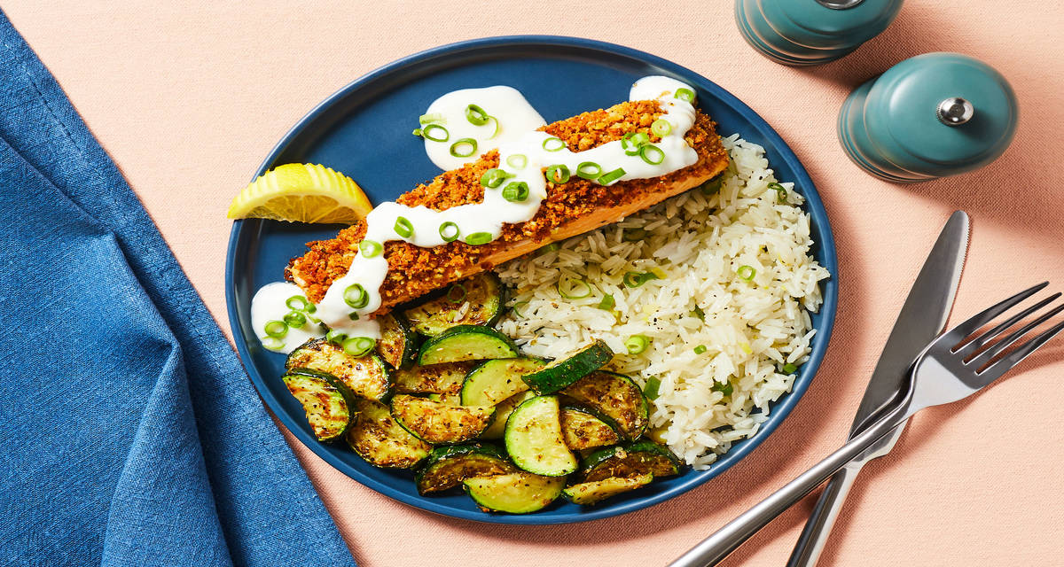 Walnut-Crusted Salmon with Garlicky Zucchini, Scallion Rice & Creamy Lemon Sauce