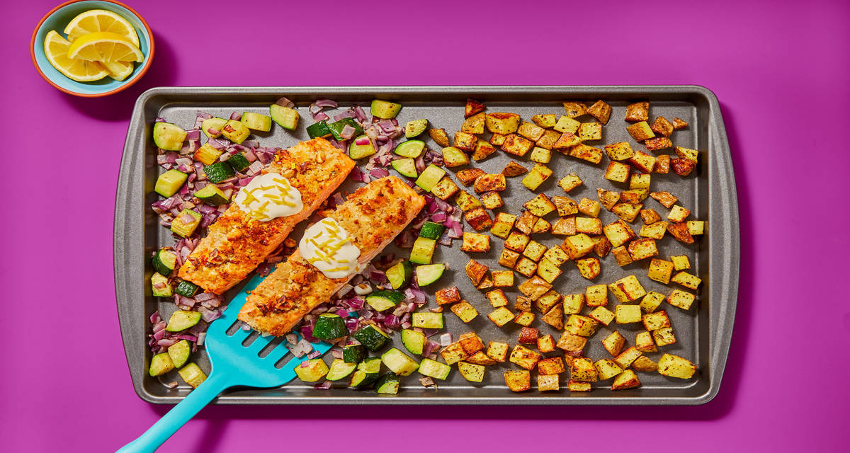 Walnut-Crusted Salmon with a Roasted Veggie Jumble & Lemon Crème Fraîche