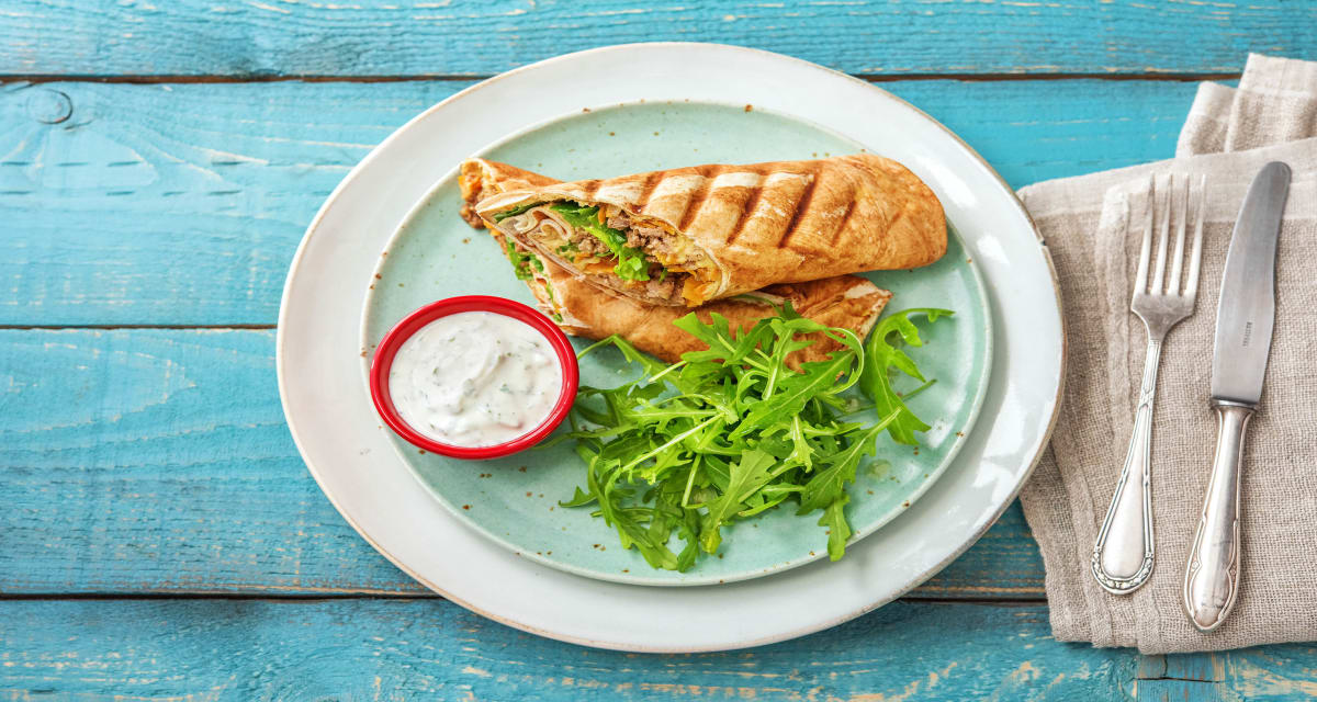 Warm Lebanese Dinner Wraps with Minted Yoghurt and Hummus-image