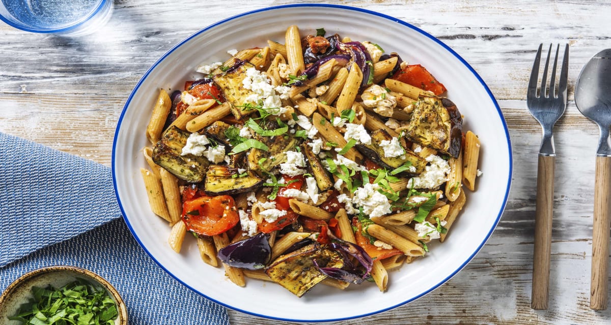 Warm Mediterranean Vegetable and Chorizo Pasta Salad with Feta-image