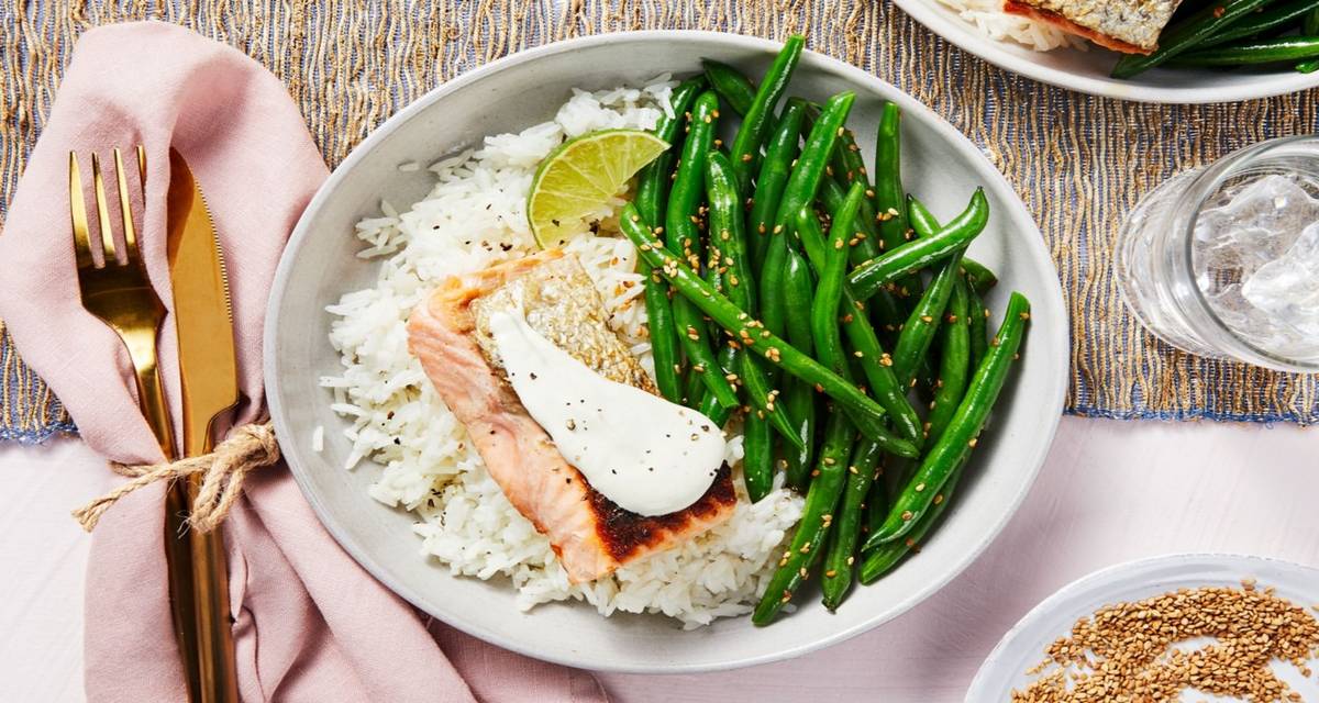 Wasabi Zinger Salmon over Jasmine Rice and Green Beans