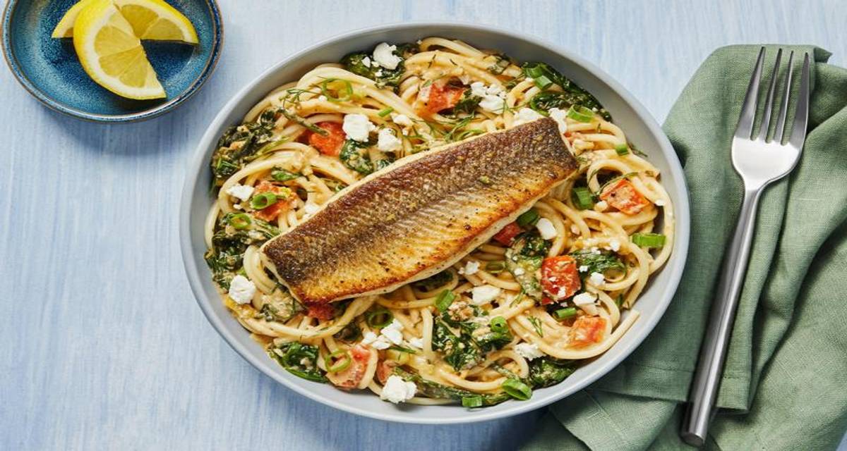 Greek Diner Spaghetti with Barramundi Topped with Tomato, Spinach & Feta