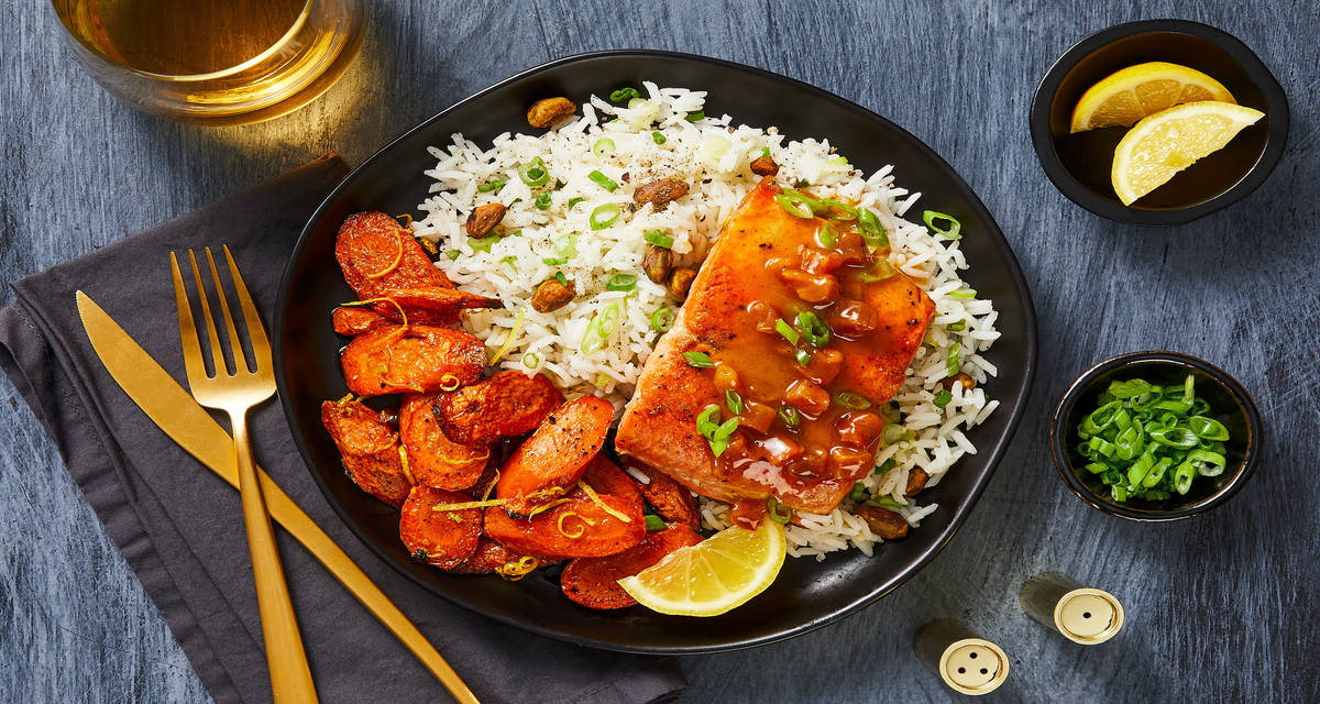 Wild (Apri)Caught Salmon with Zesty Roasted Carrots & Pistachio Rice