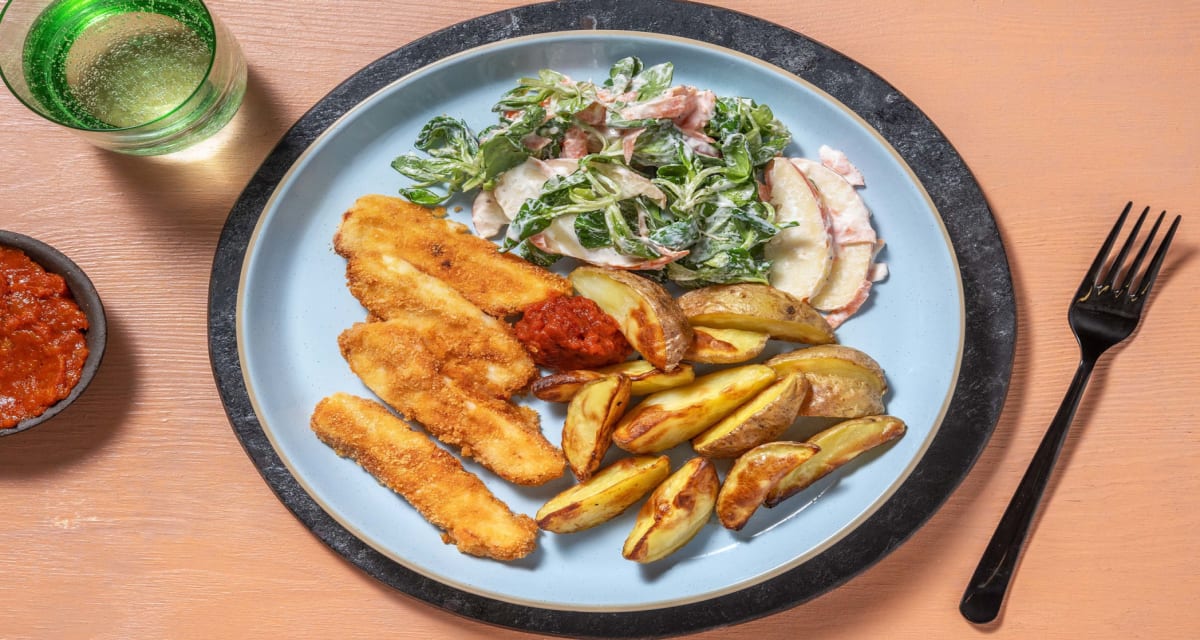 Gold gebackene Halloumi-Sticks mit Tomaten-Curry-Dip, dazu Apfel-Feldsalat-image