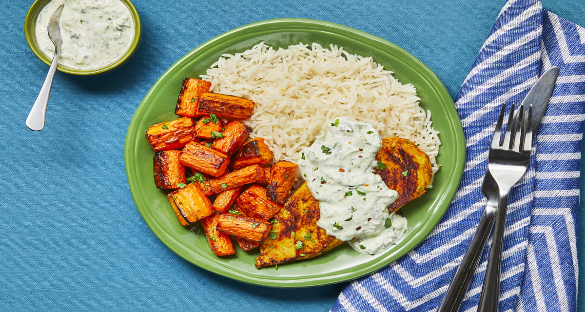 Yogurt-Marinated Curried Chicken with Garlic Basmati Rice, Roasted Carrots & Cucumber Cilantro Raita-image