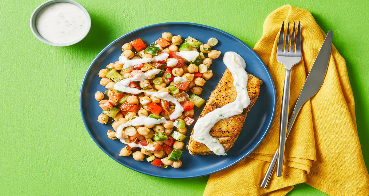 Za’atar-Spiced Barramundi with Chickpea Salad & Lemon Scallion Yogurt Sauce
