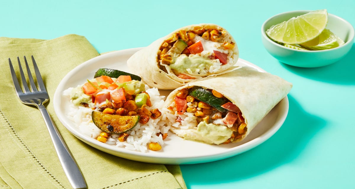 Zucchini & Corn Queso Blanco Burritos with Rice, Creamy Guacamole & Pico de Gallo-image