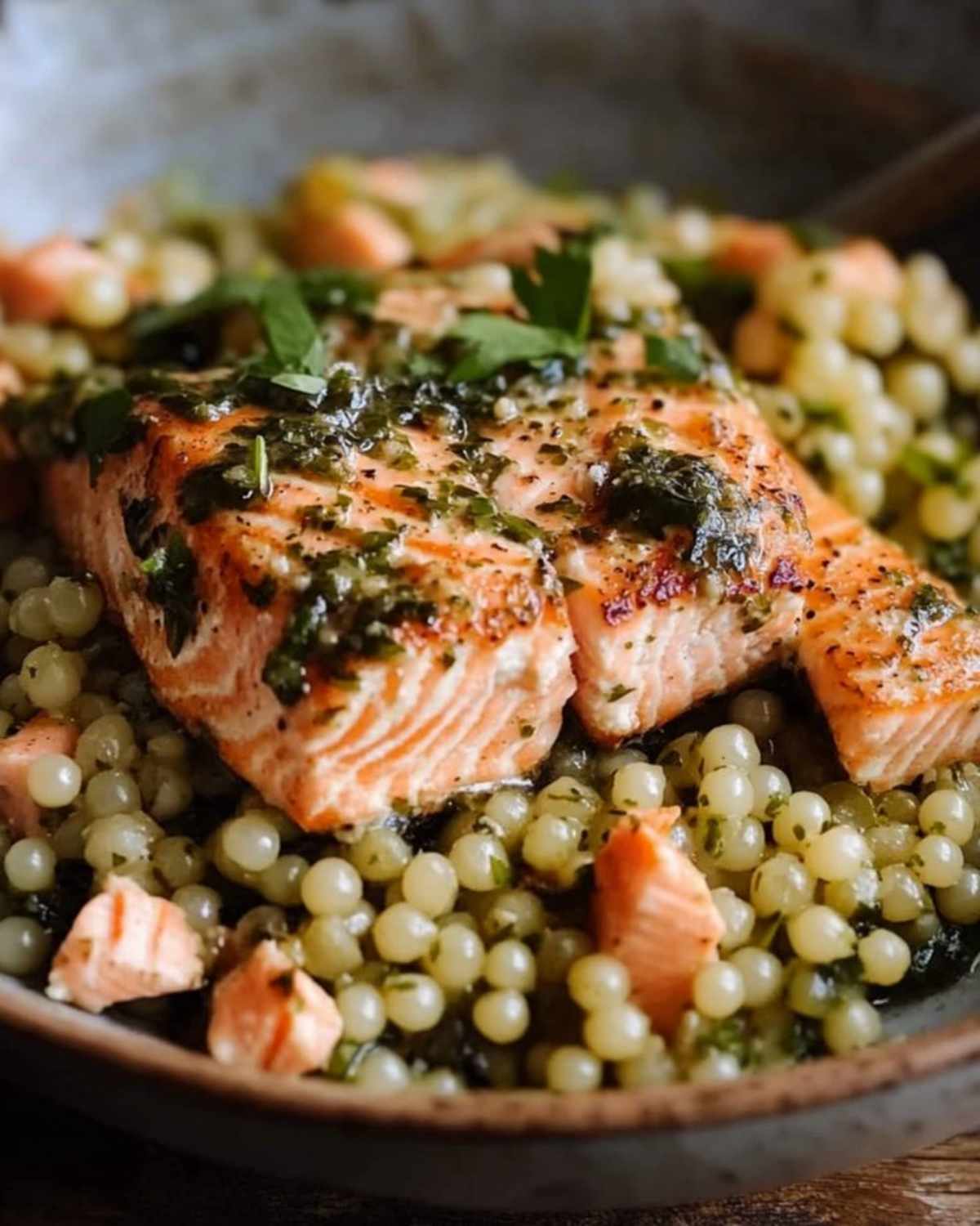 Grilled Salmon and Pearl Couscous Bowls
