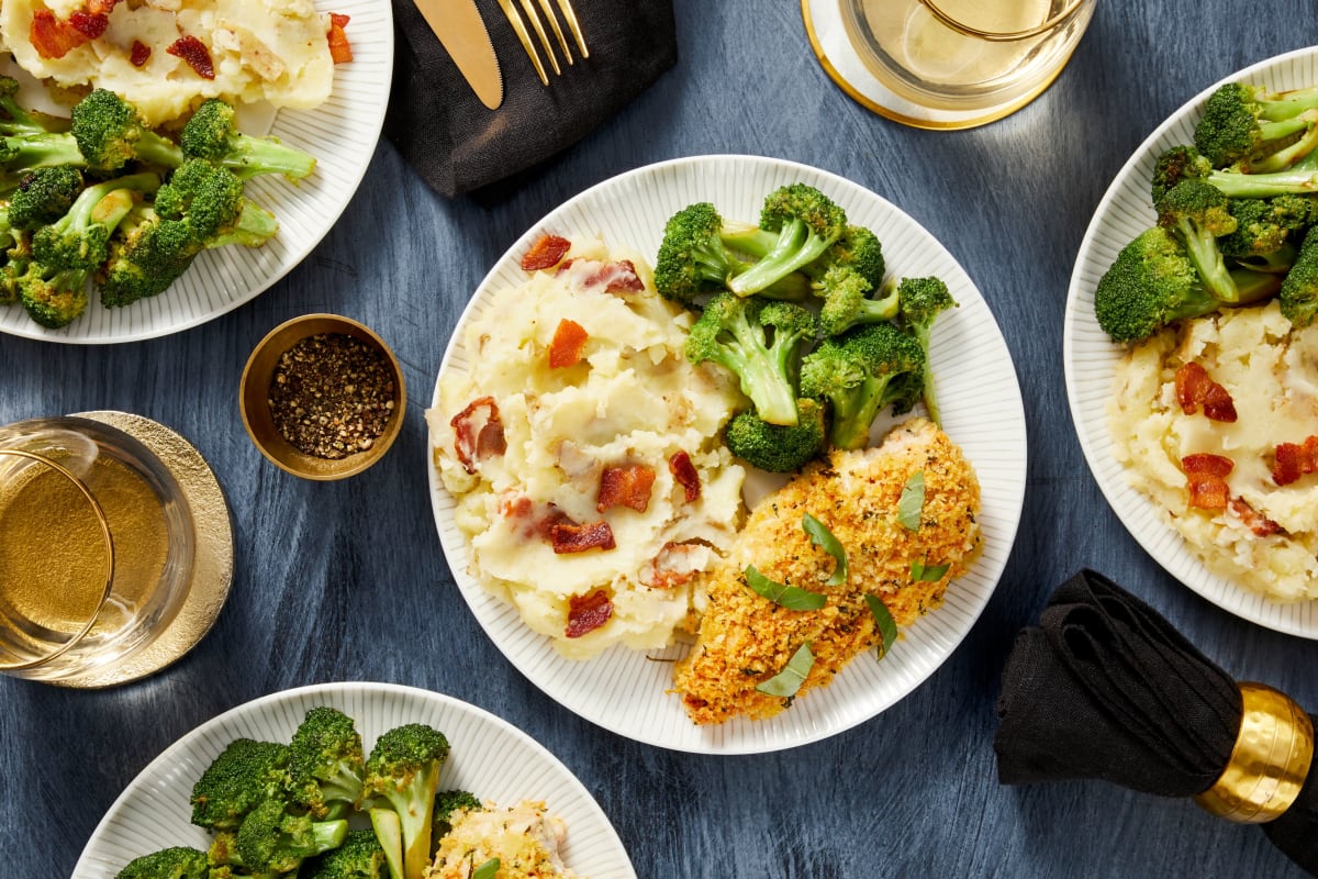 Crispy Lemon Basil Chicken with Loaded Bacon Mashed Potatoes and Broccoli