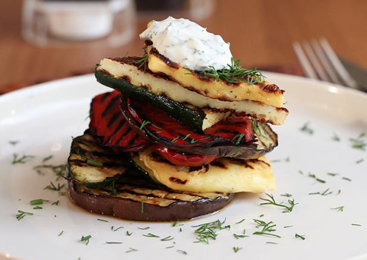 Grilled Haloumi and Mediterranean Vegetable Stack 