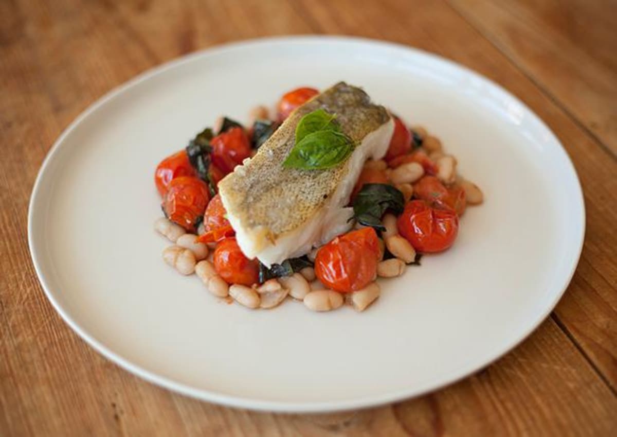 Pan-Roasted Cod with Braised Cherry Tomatoes and White beans