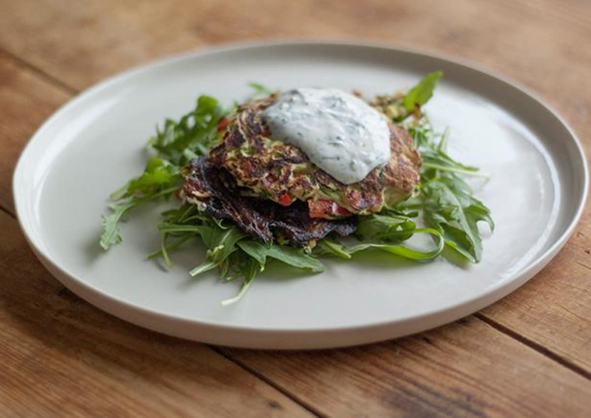 Zesty Zucchini Fritters with Dill & Lemon Yoghurt Dressing (v)