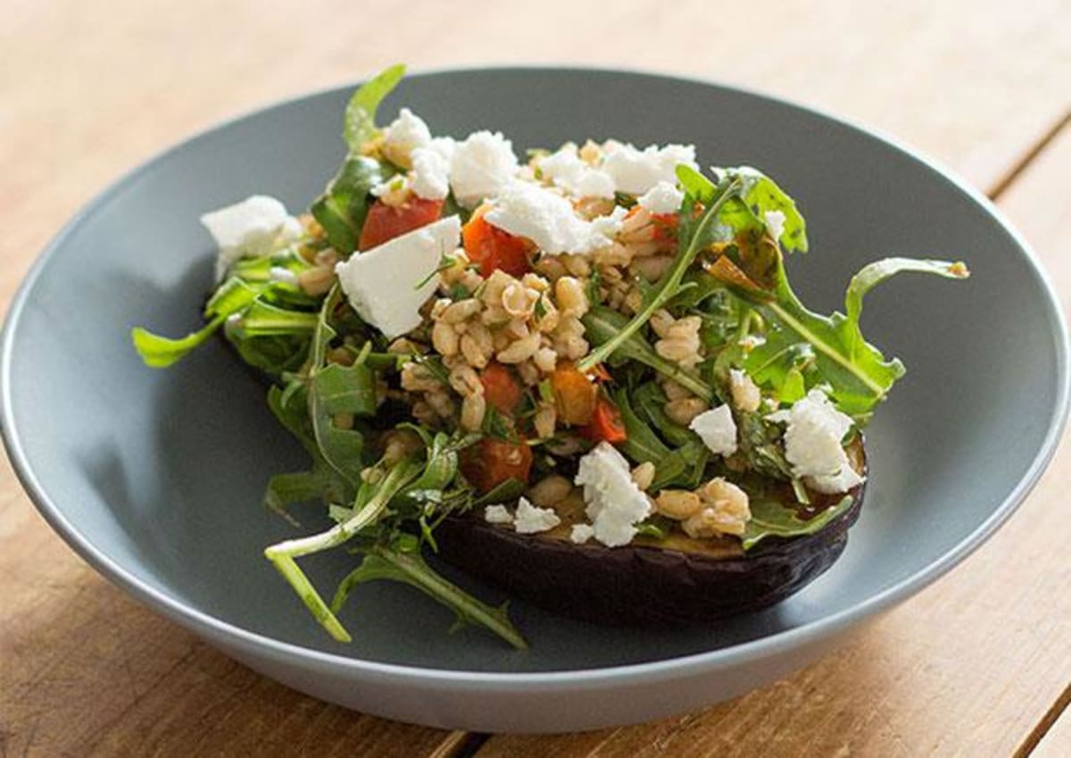 Baked Eggplant Boats with Barley, Dill & Fetta (v)