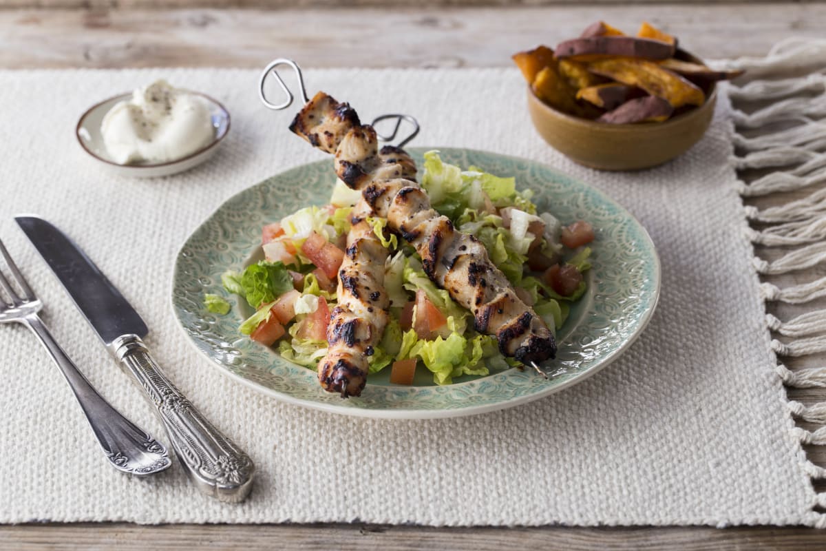 Honey Chicken Skewers with Rustic Sweet Potato Wedges