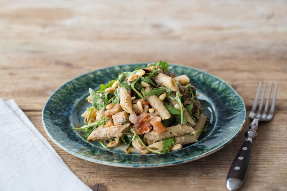 Lauwwarme pasta-auberginesalade