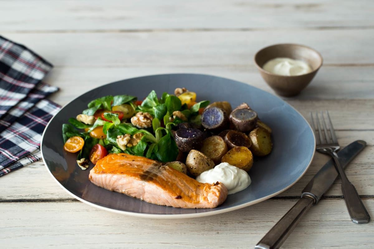 Zalmfilet met regenboogkrieltjes en salade