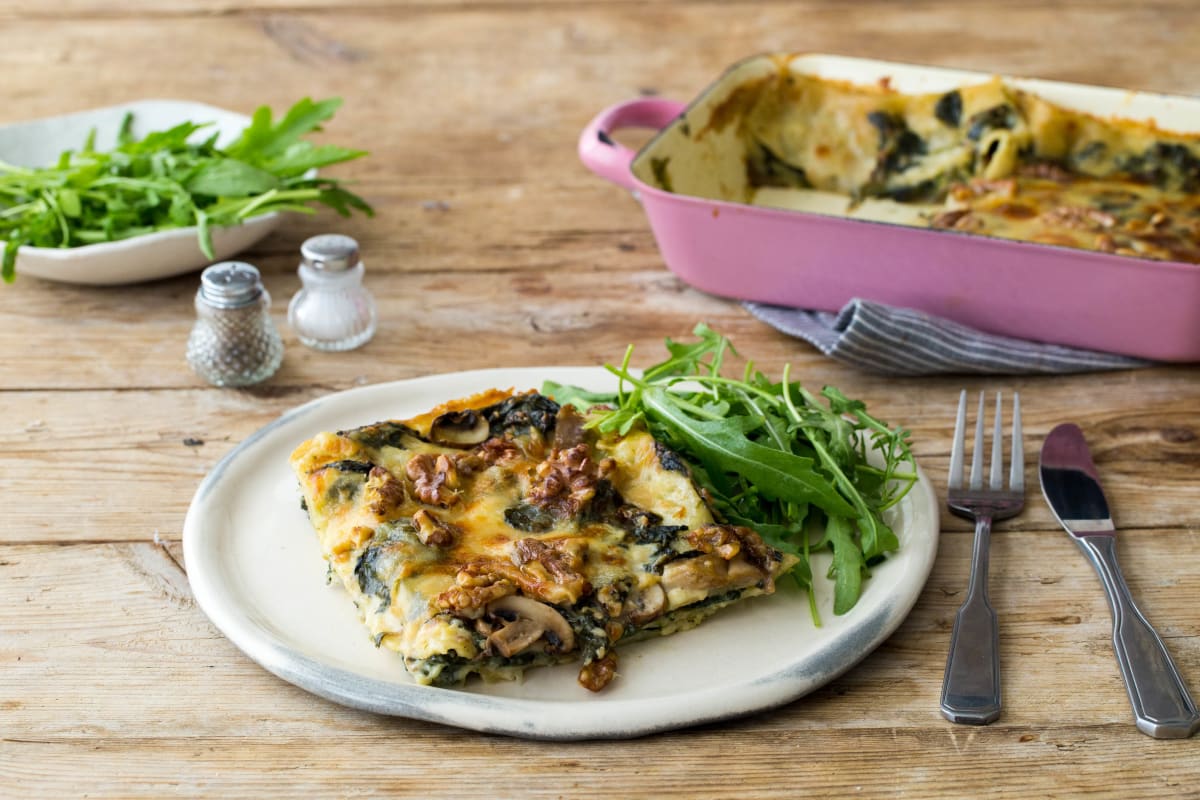 Groentenlasagne met spinazie, paddenstoelen en grana padano