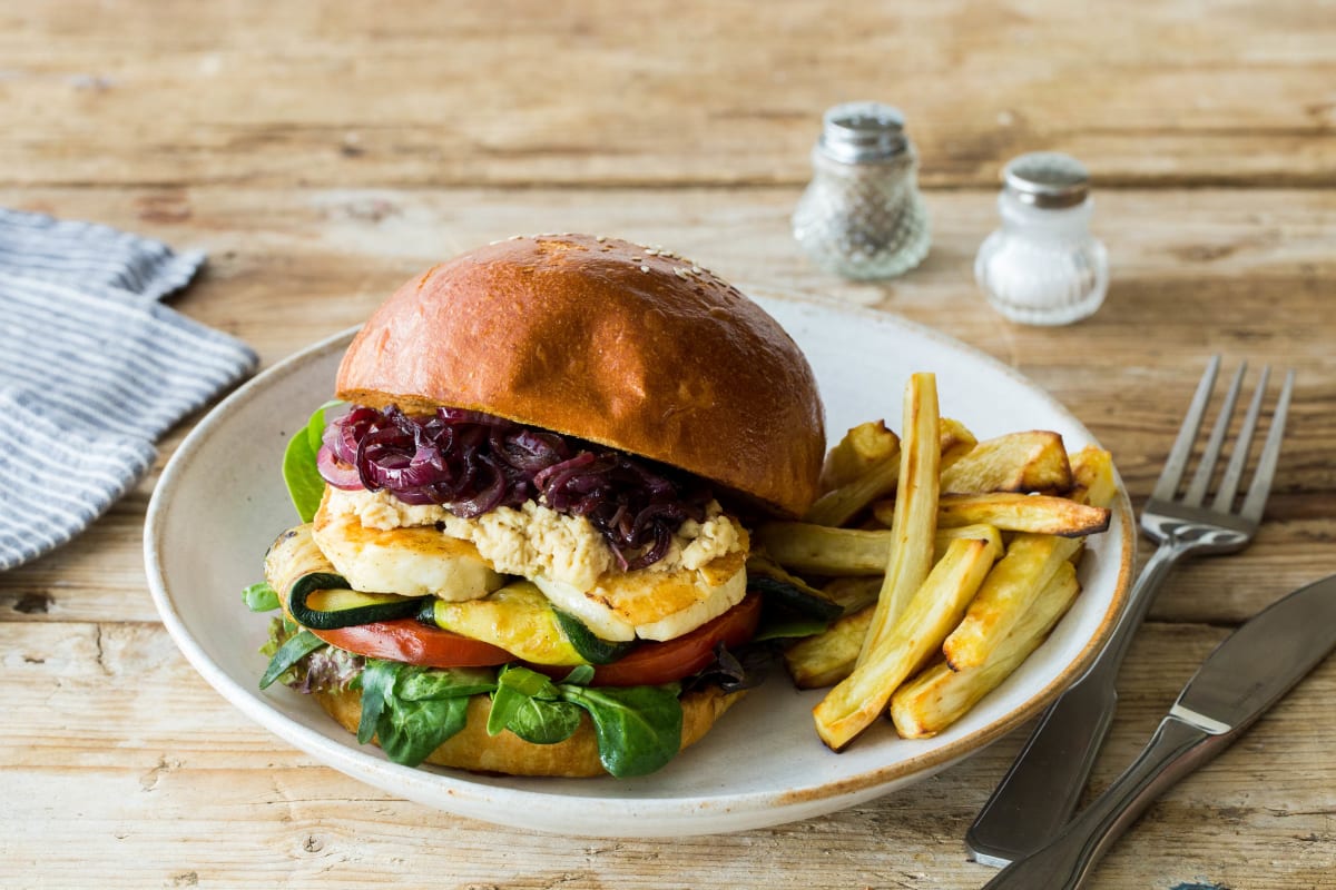 Grilled Zucchini & Haloumi Burger with Parsnip Fries