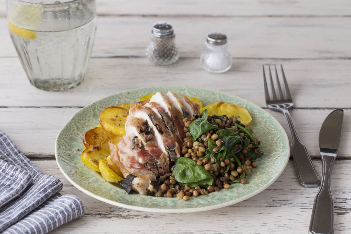 Chicken Saltimbocca with Sautéed Spinach Lentils