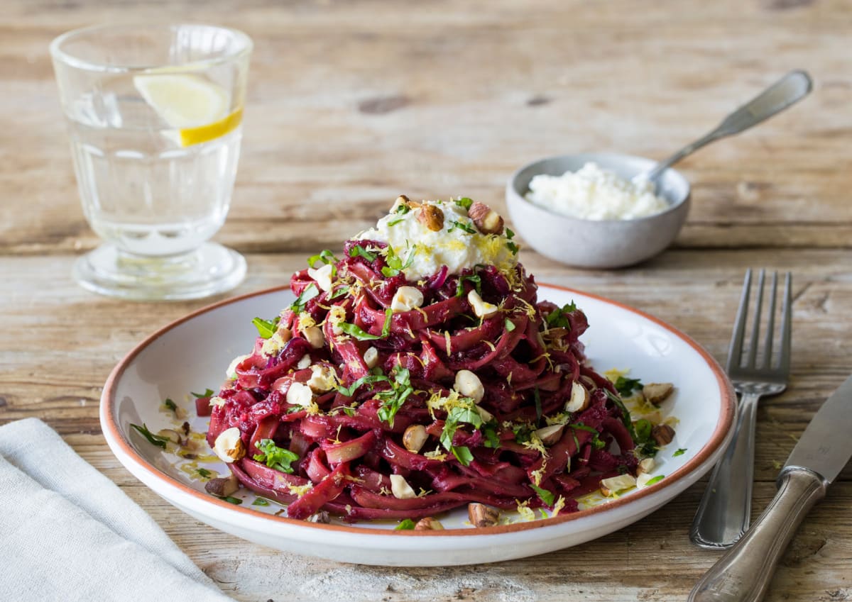 Crushed Beets & Whole Wheat Spaghetti