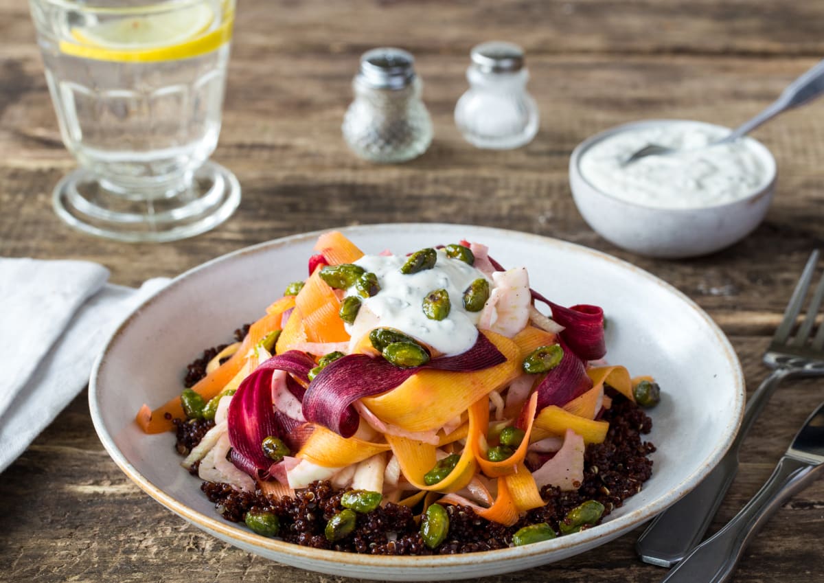 Shaved Vegetable Salad over Red Quinoa