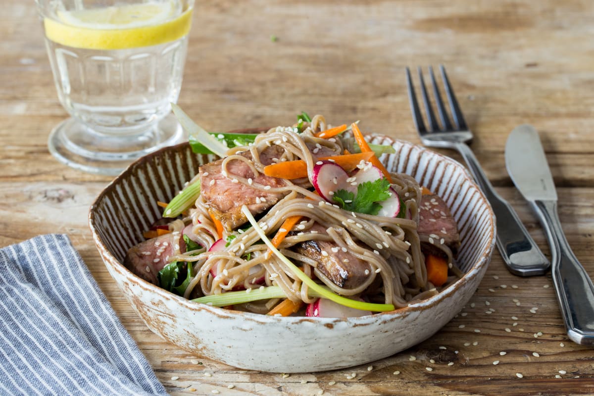 Seared Miso Steak with Radish & Soba Noodles