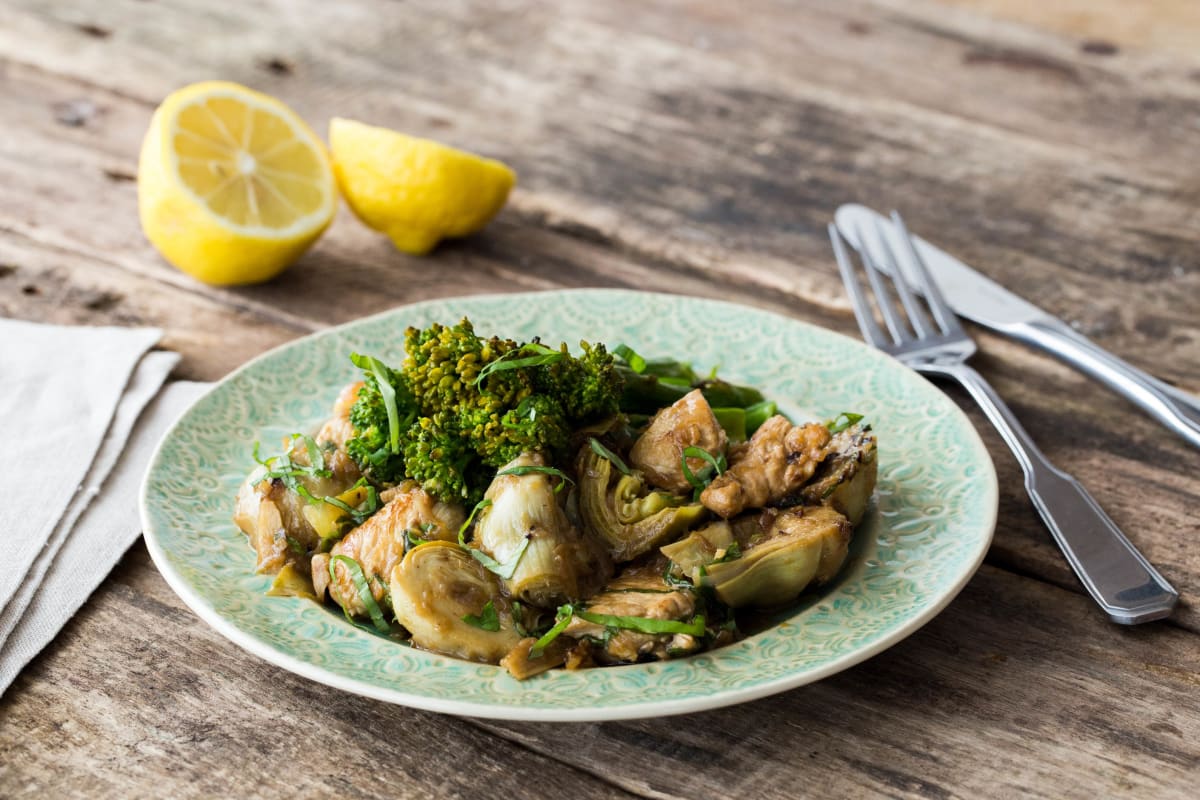 Lemony Basil Chicken with Artichoke Hearts and Crispy Broccolini