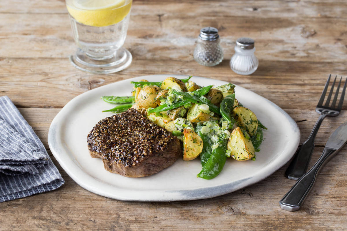 PepperCrusted Steak with Warm Potato Salad Recipe HelloFresh