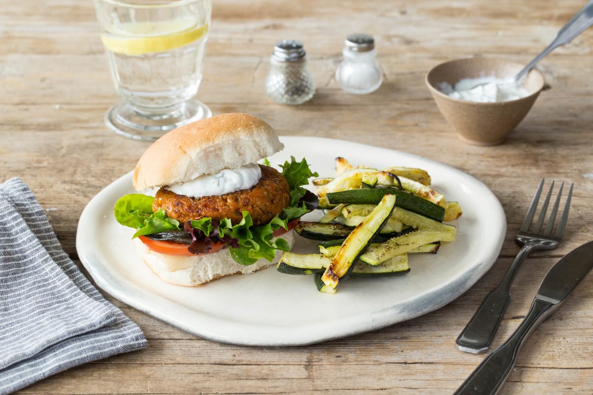 Bollywood Lentil Burger with Baked Zucchini Chips