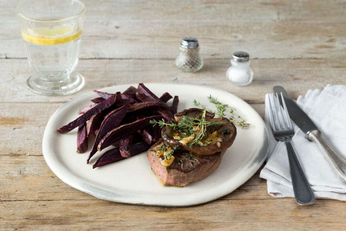 Steak with Field Mushroom & Purple Fries