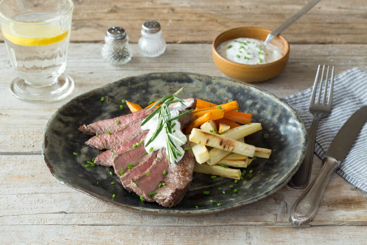 Seared Steak & Creamy Horseradish Sauce with Rosemary-Roasted Root Vegetables