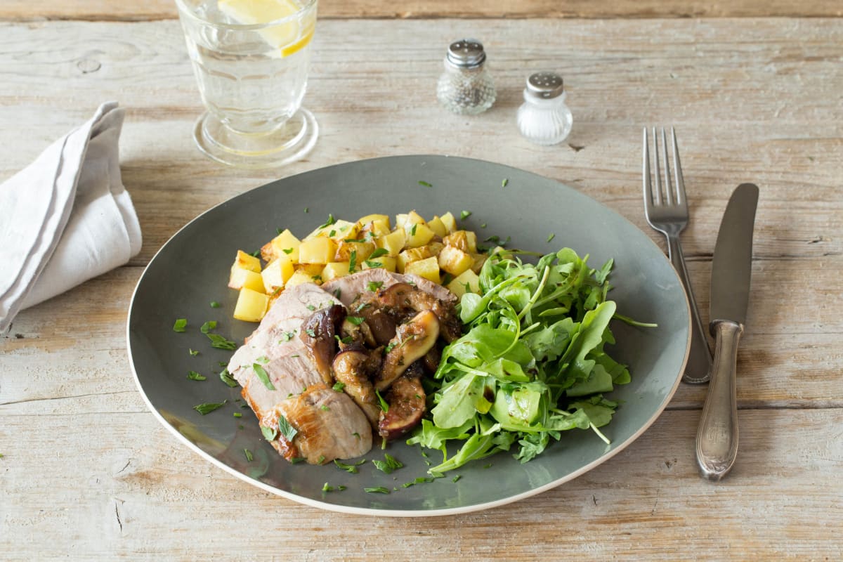 Roasted Pork Chops with Balsamic-Fig Sauce, Greens, and Rosemary-Roasted Potatoes