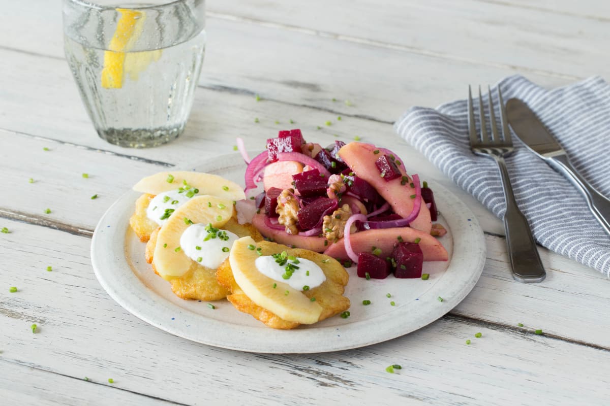 Potato Latkes & Marinated Beet Salad with Sour Cream, Apples, and Chives