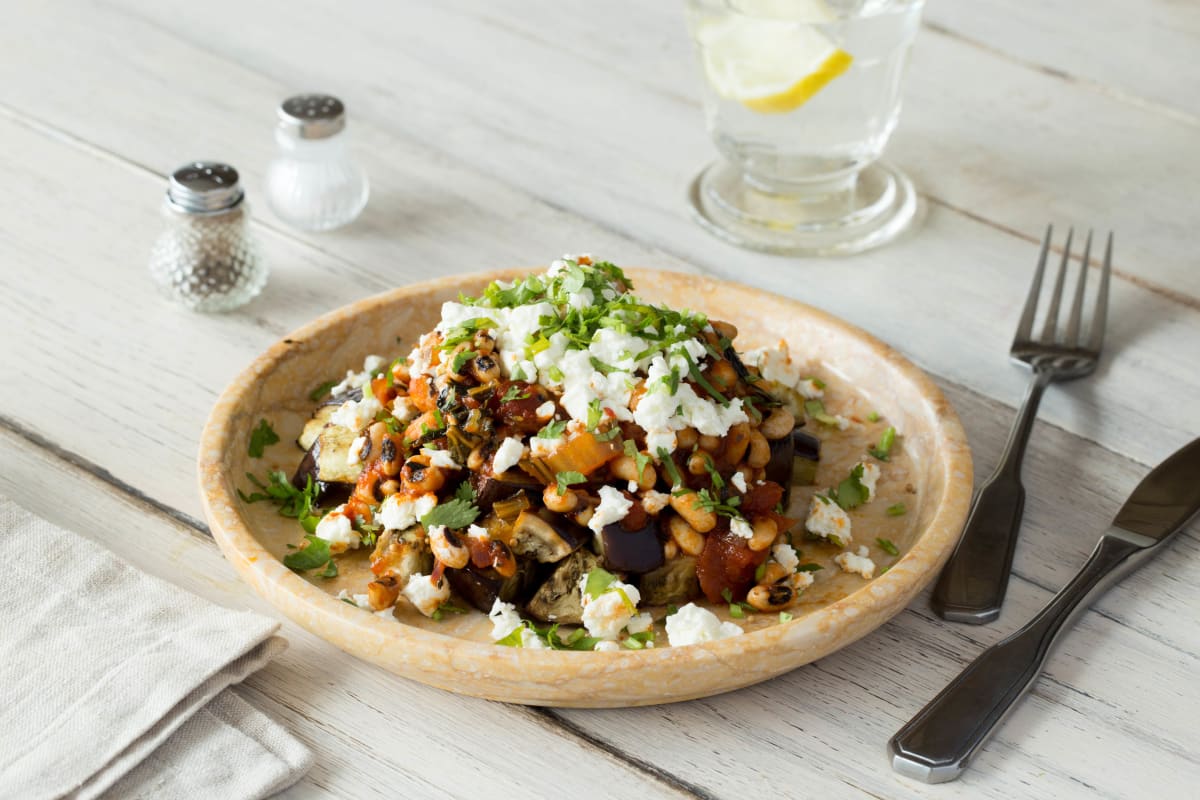 Israeli Black Eyed Peas with Fenugreek, Roasted Eggplant, and Feta