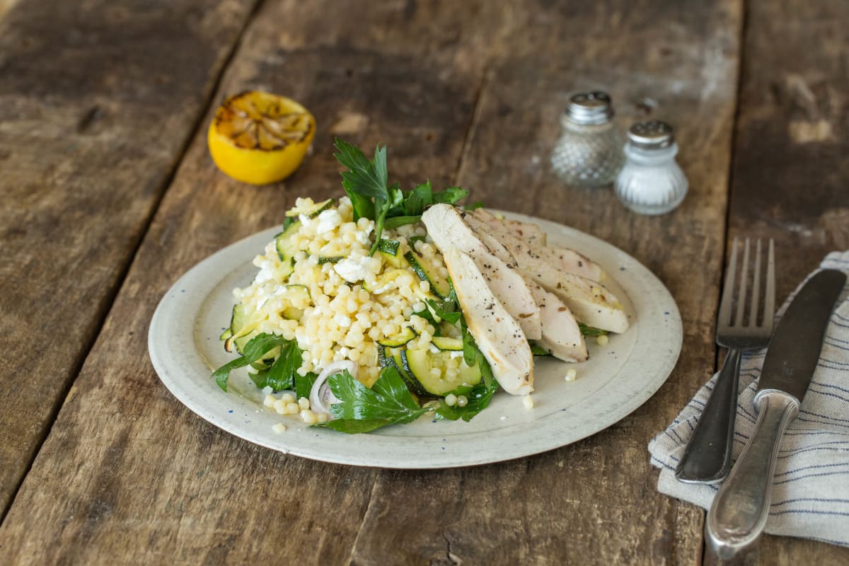 Coriander & Cumin-Crusted Chicken with Israeli Couscous Salad, Roasted Zucchini, and Caramelized Lemon