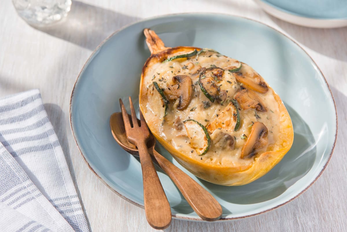 Creamy Spaghetti Squash Noodles with Mushrooms, Zucchini, and Oregano