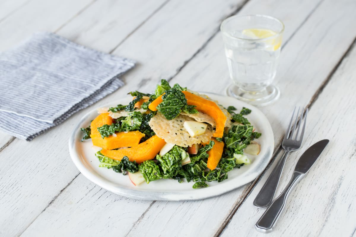 Curry-Roasted Acorn Squash & Kale Salad with Parmesan Frico, Apple, and Honey-Balsamic Vinaigrette