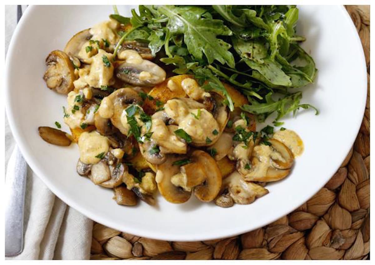 Mushroom Ragu with Crispy Polenta Cakes and Tangy Arugula Salad