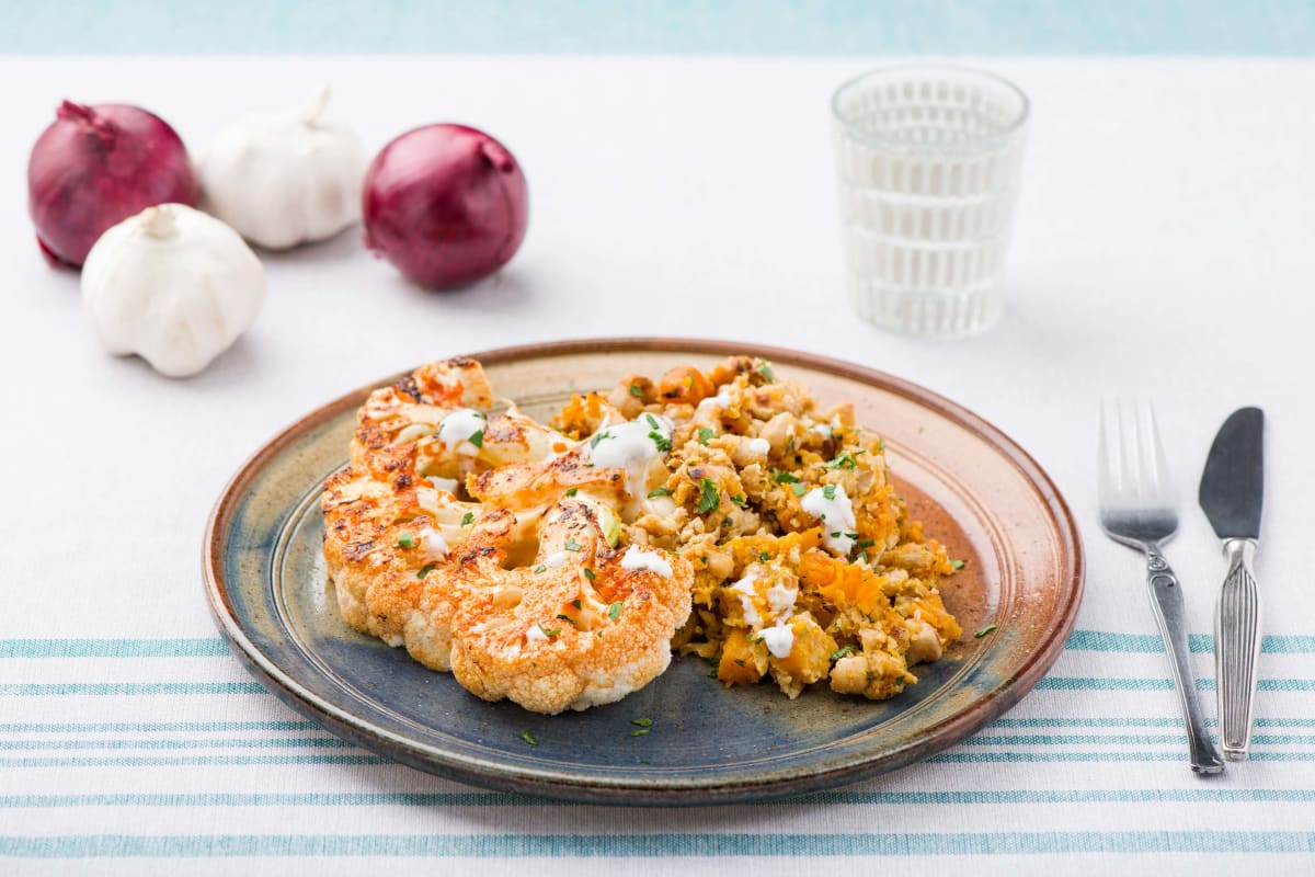 Harissa Cauliflower Steaks with Smashed Chickpeas