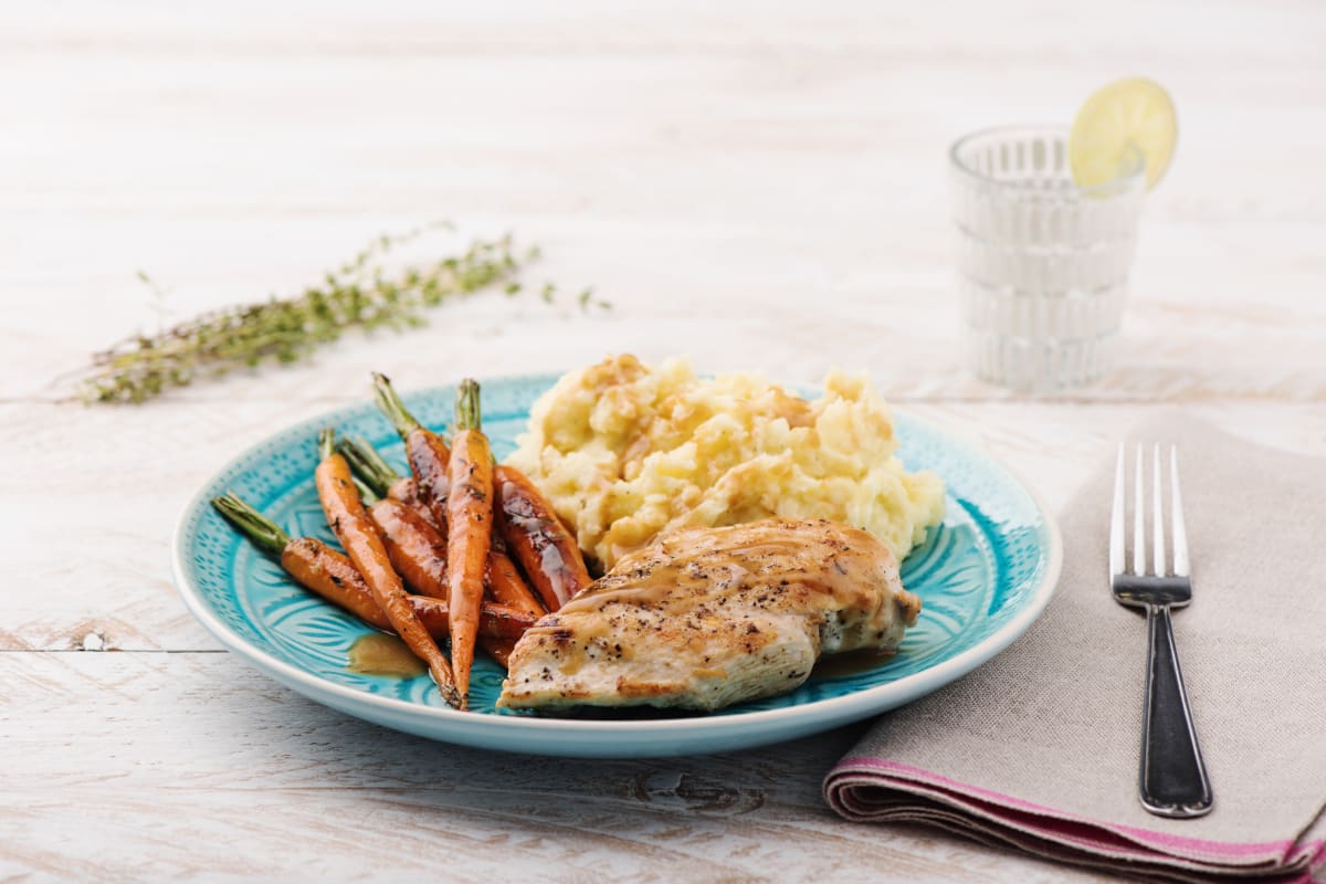 Butter-Basted Chicken with Cacio e Pepe Mashed Potatoes and Thyme-Roasted Carrots