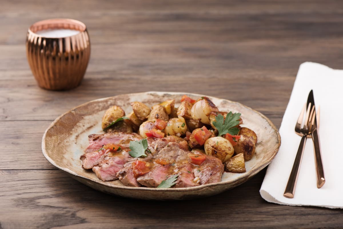 Pan-Seared Steak with Cipollini Onions, Roasted New Potatoes, and Tomato Pan-Sauce