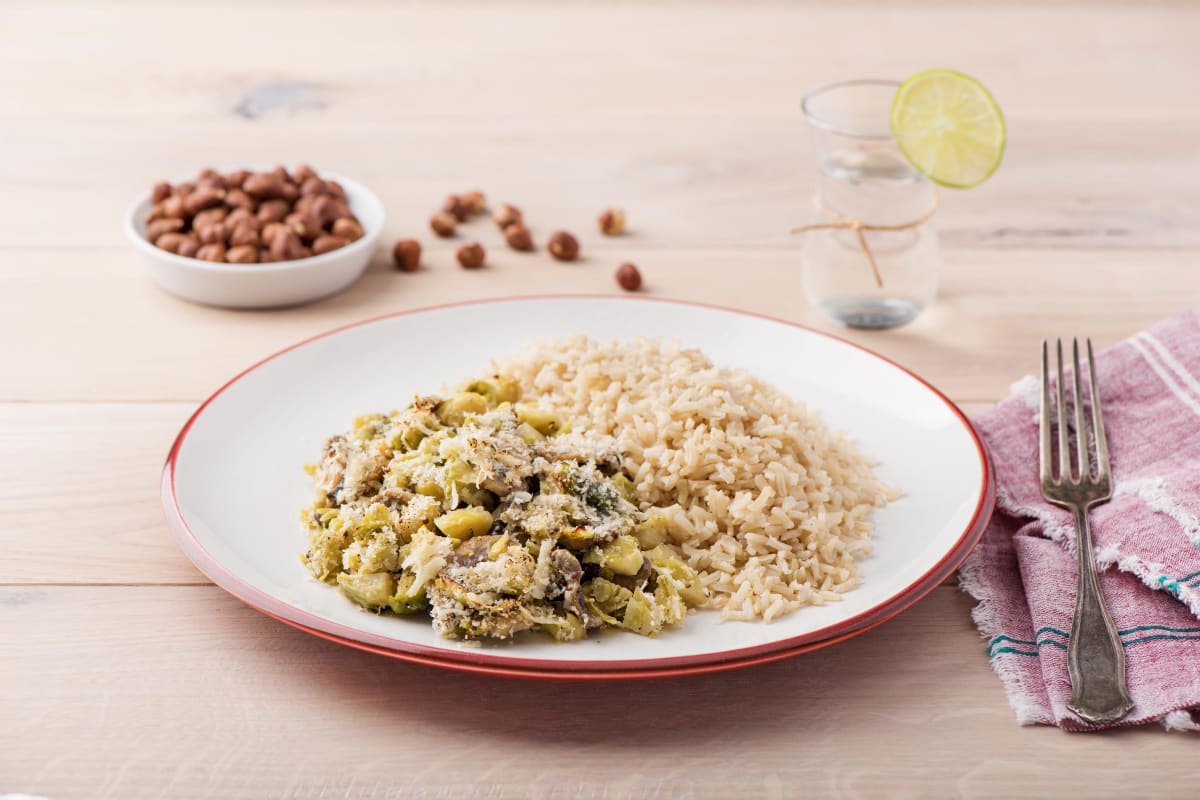 Brussels Sprout Crumble with Mushrooms, Parmesan Breadcrumbs, and Hazelnuts