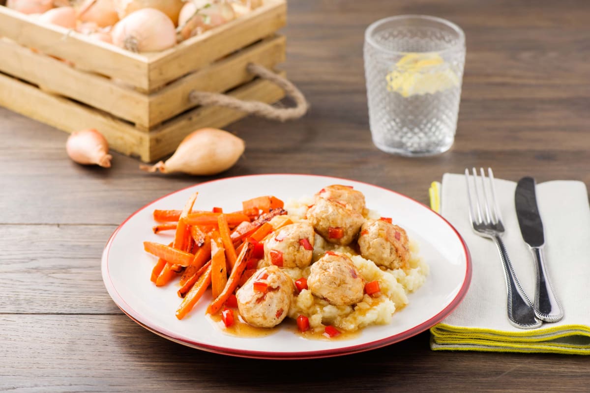 Spiced Turkey Meatballs with Parsnip Mash and Roasted Carrots