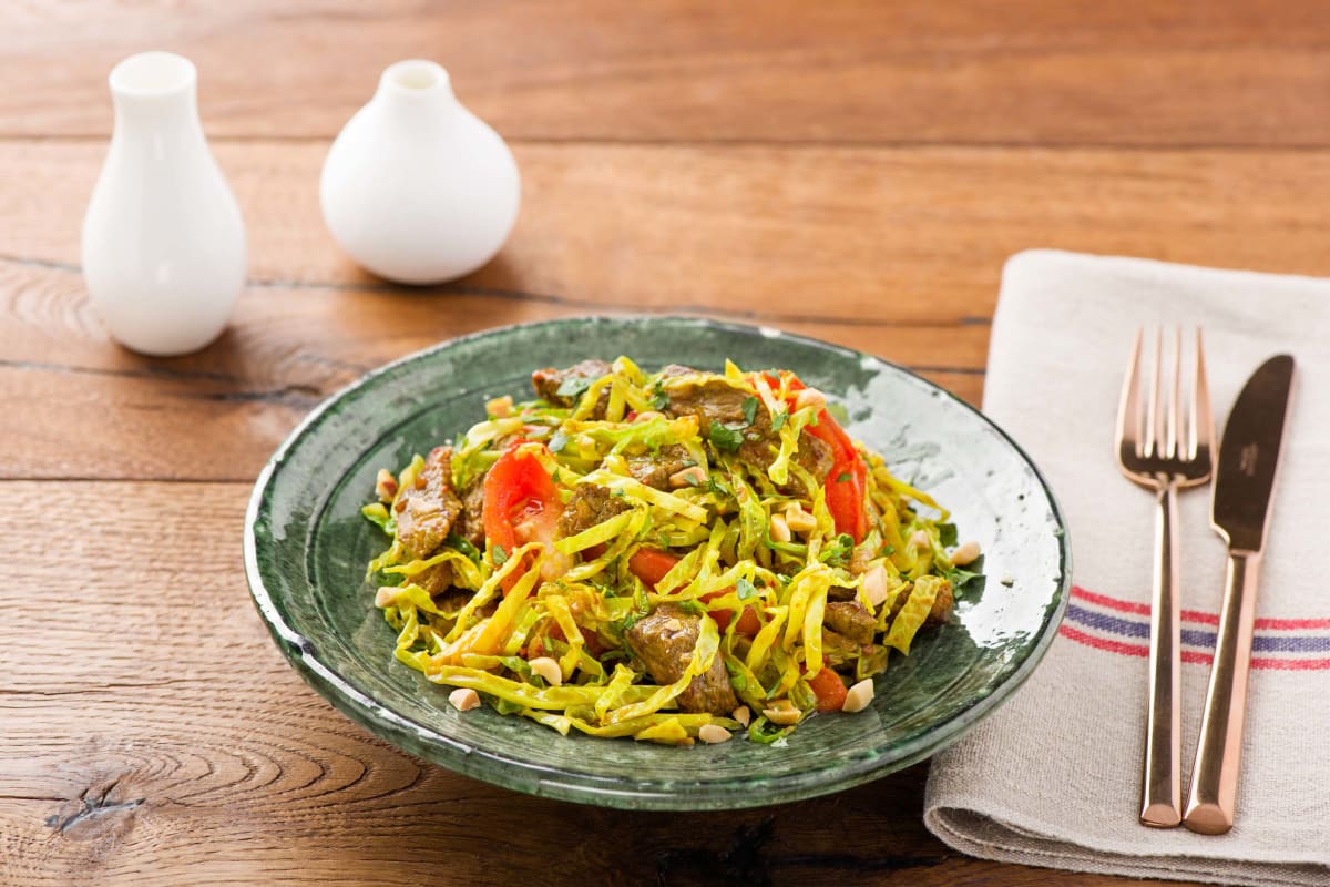 Northern Thai-Style Galaam Oop with Beef, Simmered Cabbage, and Turmeric