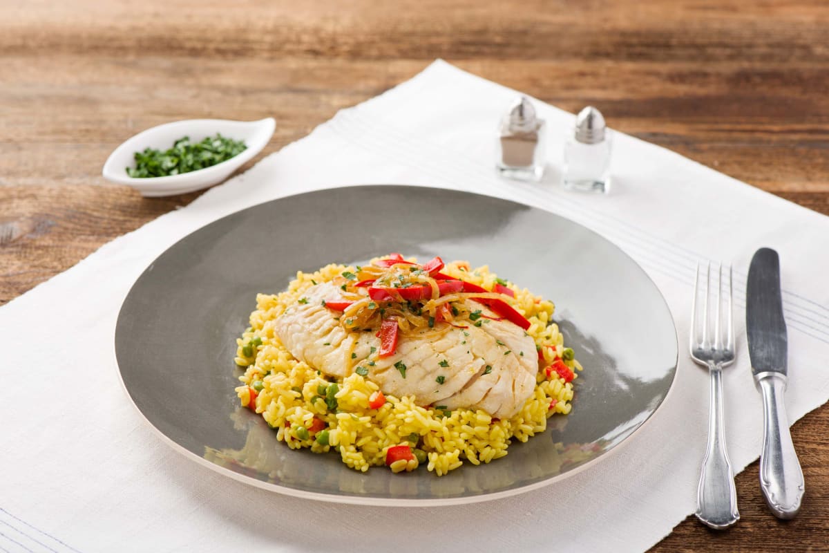 Saffron-Poached Basa with Basmati Rice, Caramelized Onion, and Sweet Bell Pepper