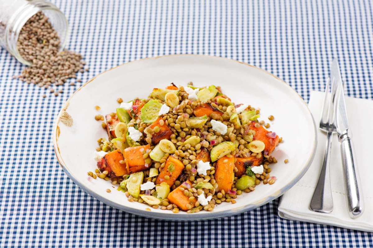 French Lentil Salad with Brussels Sprouts, Honey-Roasted Sweet Potatoes, and Feta