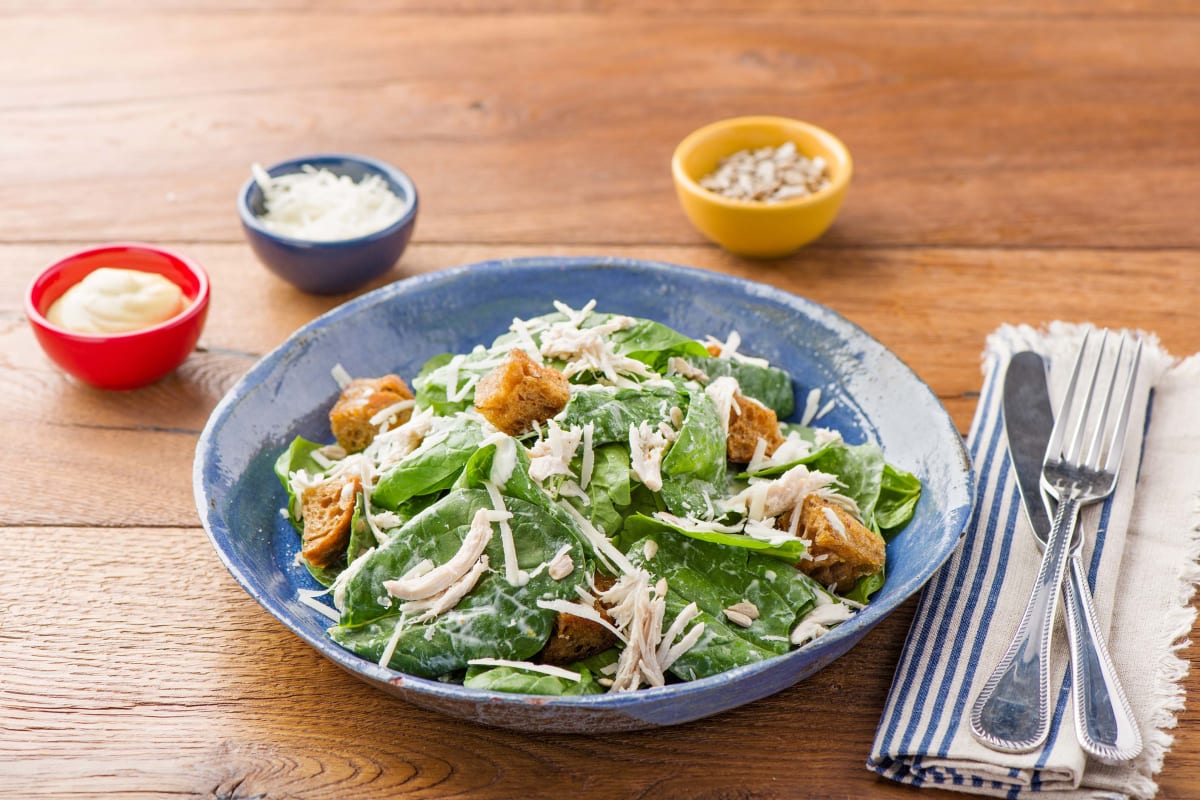 Spooky Shredded Chicken and Baby Spinach Maille Caesar Salad
