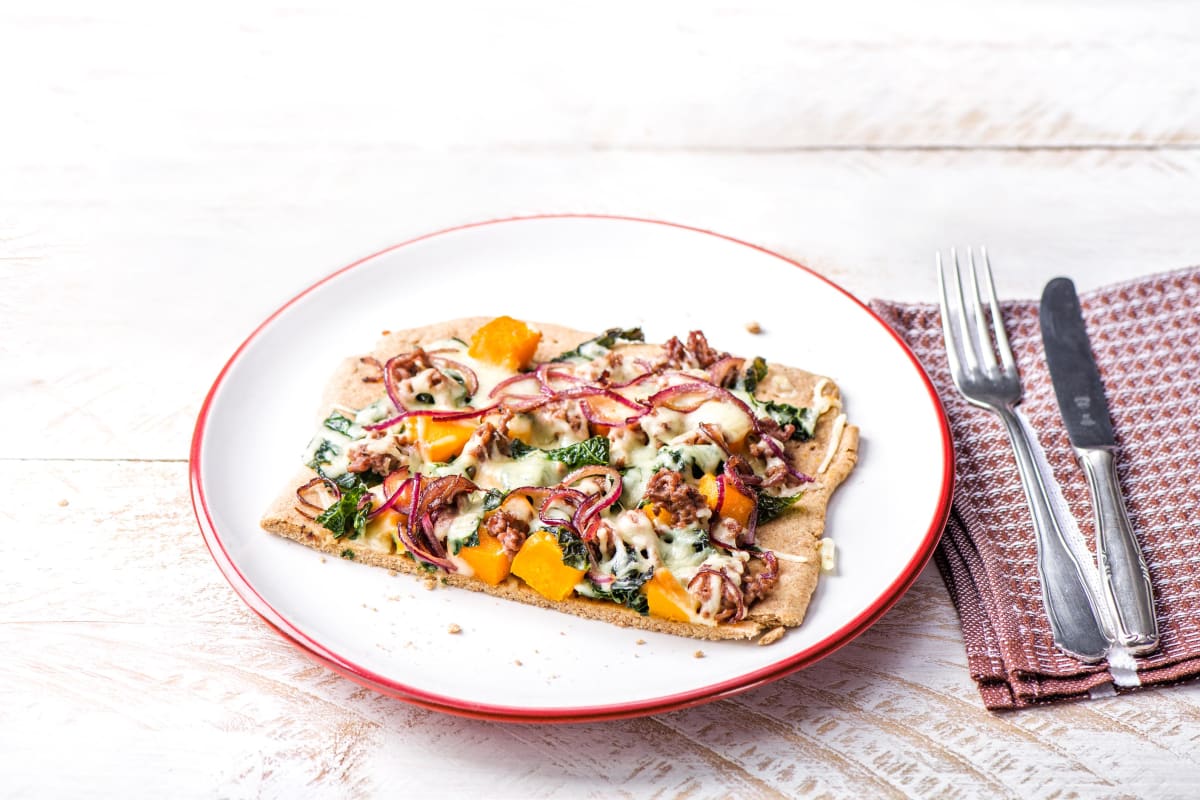 Squash and Kale Flatbread with Sausage, Mozzarella, and Thyme